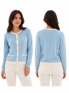 Light Blue & White Contrast Trim Cardigan Sweater